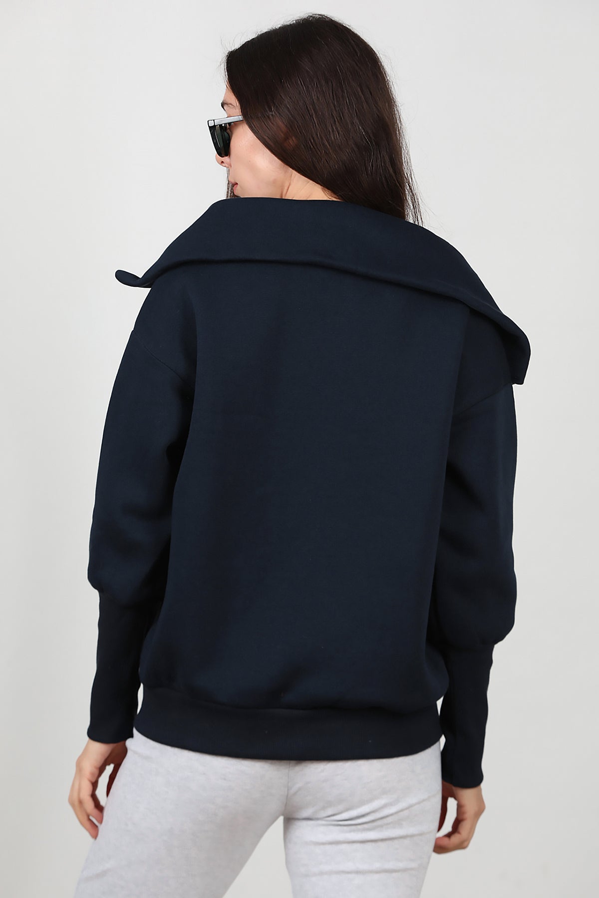 Kadın Dik Yaka Fermuarlı Sweat Lacivert