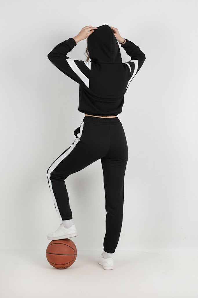 Kadın Şeritli Kapşonlu Eşofman Takımı Siyah