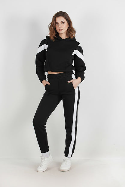 Kadın Şeritli Kapşonlu Eşofman Takımı Siyah