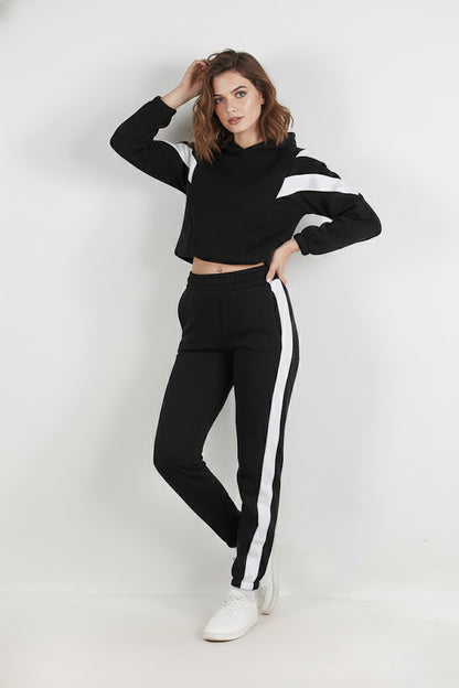 Kadın Şeritli Kapşonlu Eşofman Takımı Siyah