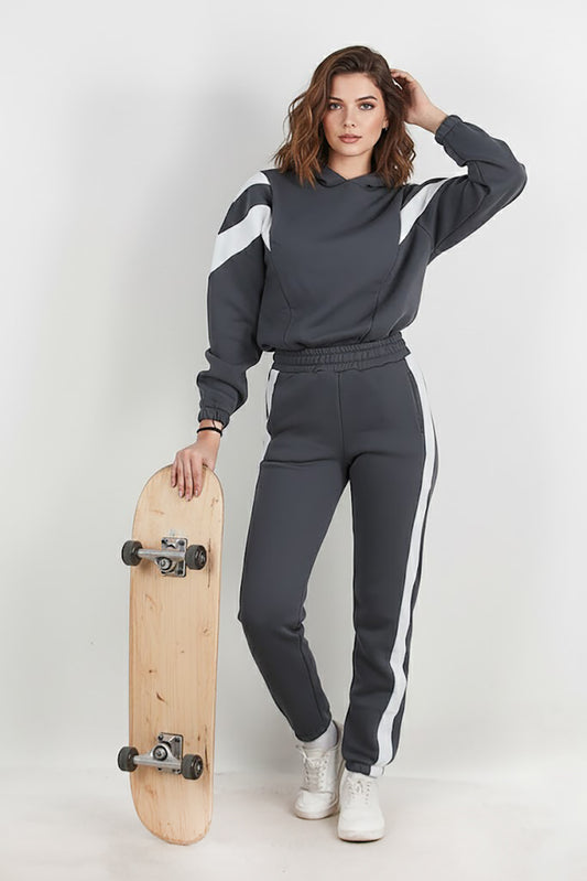 Kadın Şeritli Kapşonlu Eşofman Takımı Füme