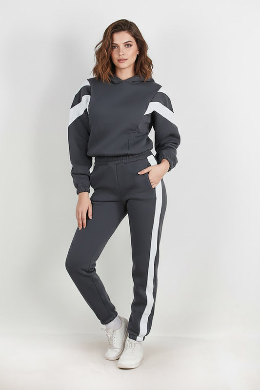 Kadın Şeritli Kapşonlu Eşofman Takımı Füme