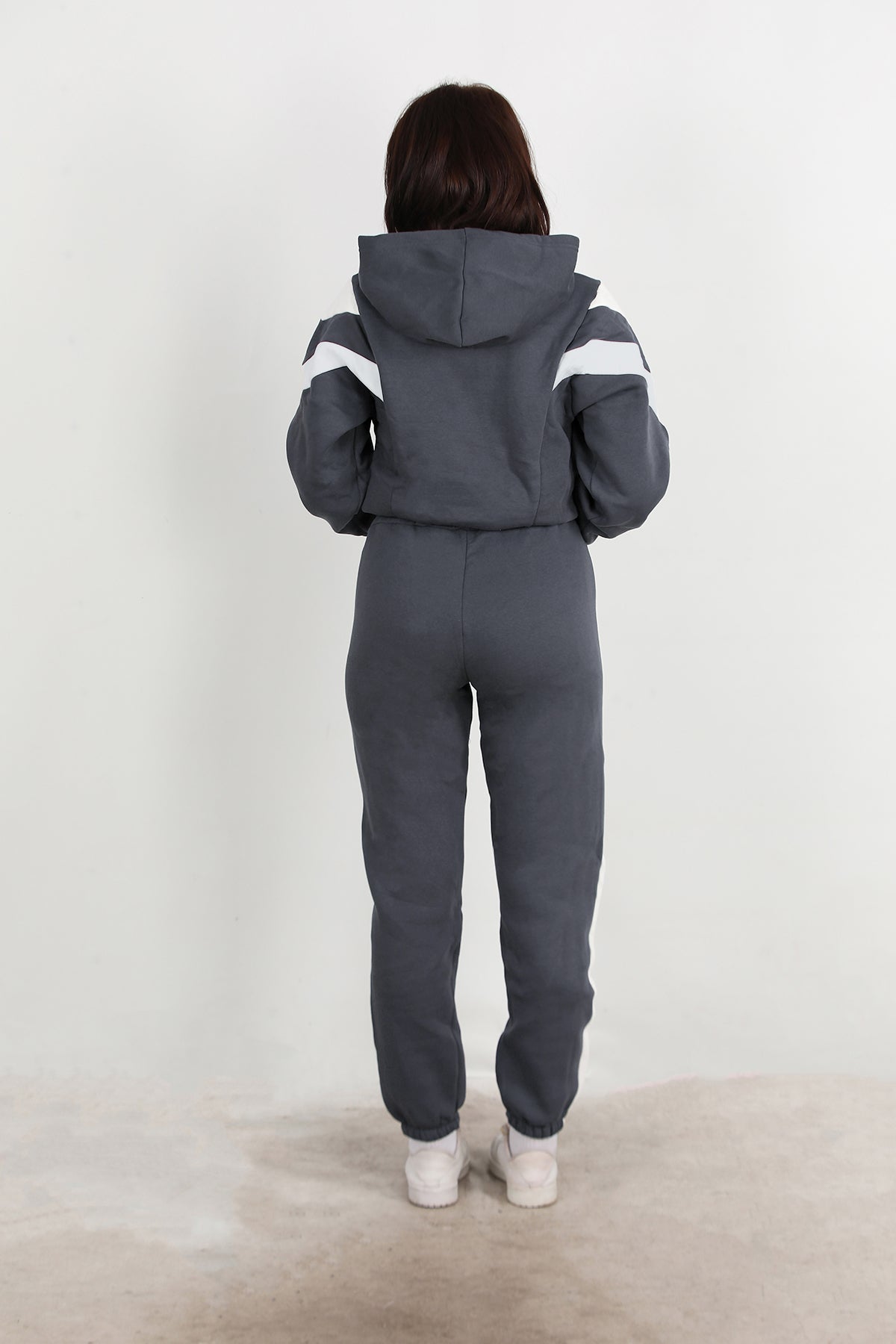 Kadın Şeritli Kapşonlu Eşofman Takımı Füme