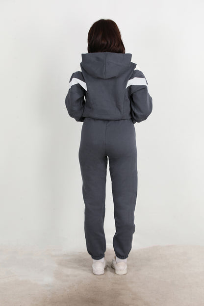 Kadın Şeritli Kapşonlu Eşofman Takımı Füme