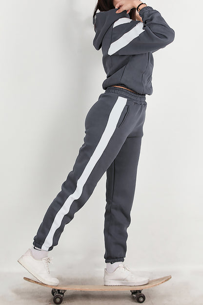 Kadın Şeritli Kapşonlu Eşofman Takımı Füme