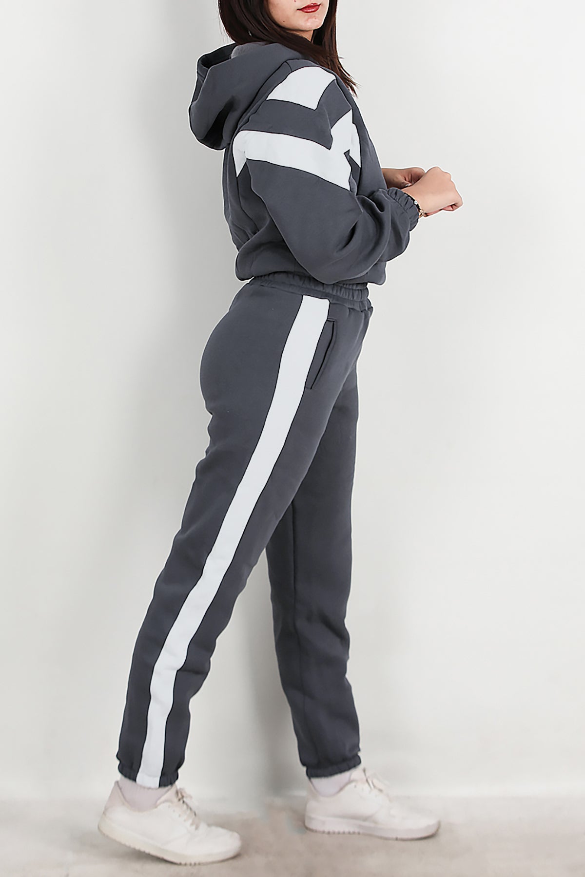 Kadın Şeritli Kapşonlu Eşofman Takımı Füme