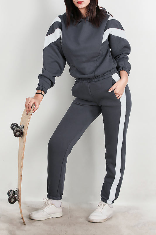 Kadın Şeritli Kapşonlu Eşofman Takımı Füme