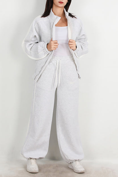 Kadın Yanları Şeritli Önü Fermuarlı Eşofman Takımı Gri