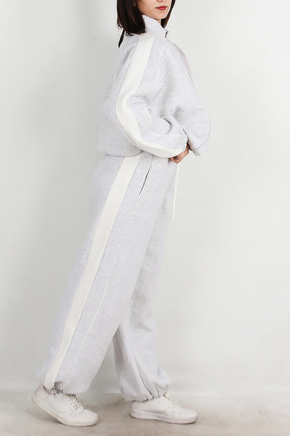 Kadın Yanları Şeritli Önü Fermuarlı Eşofman Takımı Gri