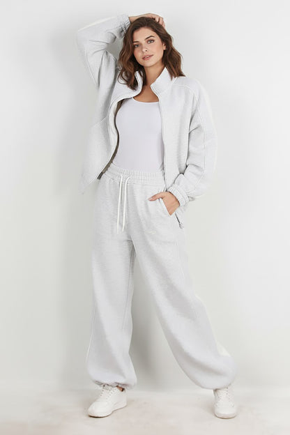 Kadın Yanları Şeritli Önü Fermuarlı Eşofman Takımı Gri