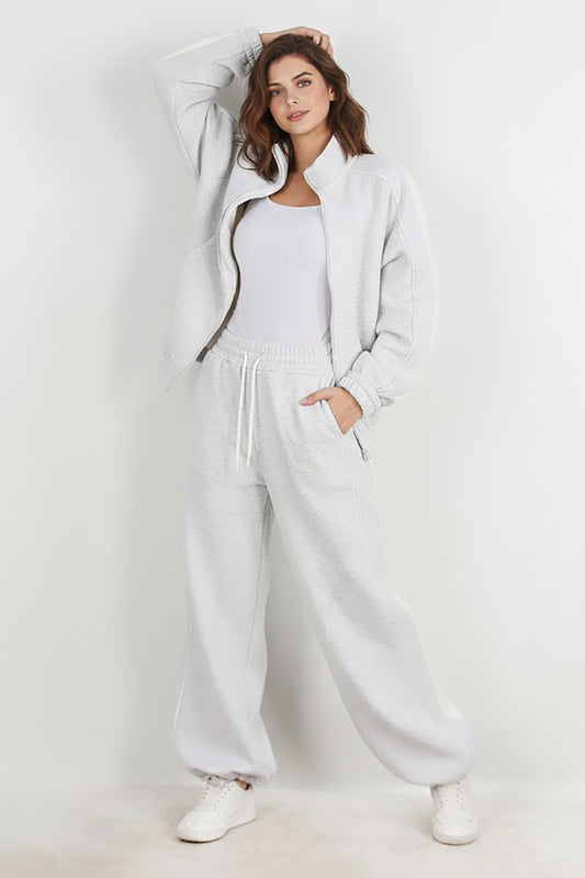 Kadın Yanları Şeritli Önü Fermuarlı Eşofman Takımı Gri