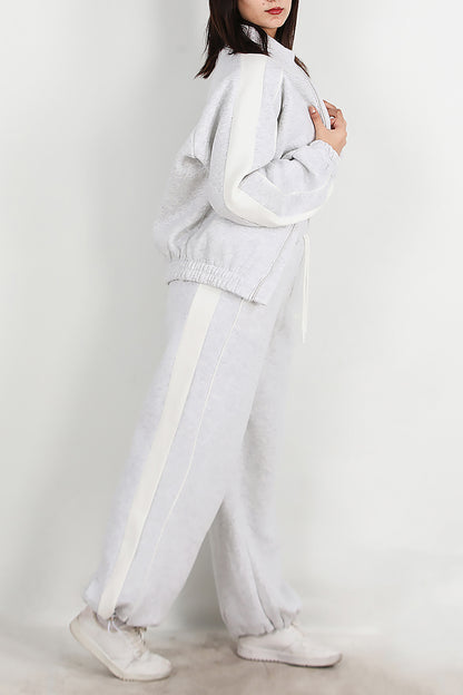 Kadın Yanları Şeritli Önü Fermuarlı Eşofman Takımı Gri