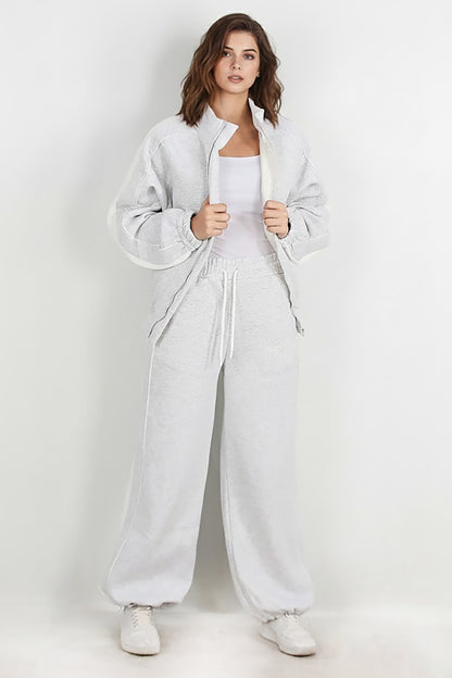Kadın Yanları Şeritli Önü Fermuarlı Eşofman Takımı Gri