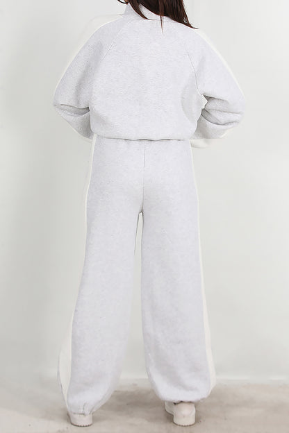 Kadın Yanları Şeritli Önü Fermuarlı Eşofman Takımı Gri