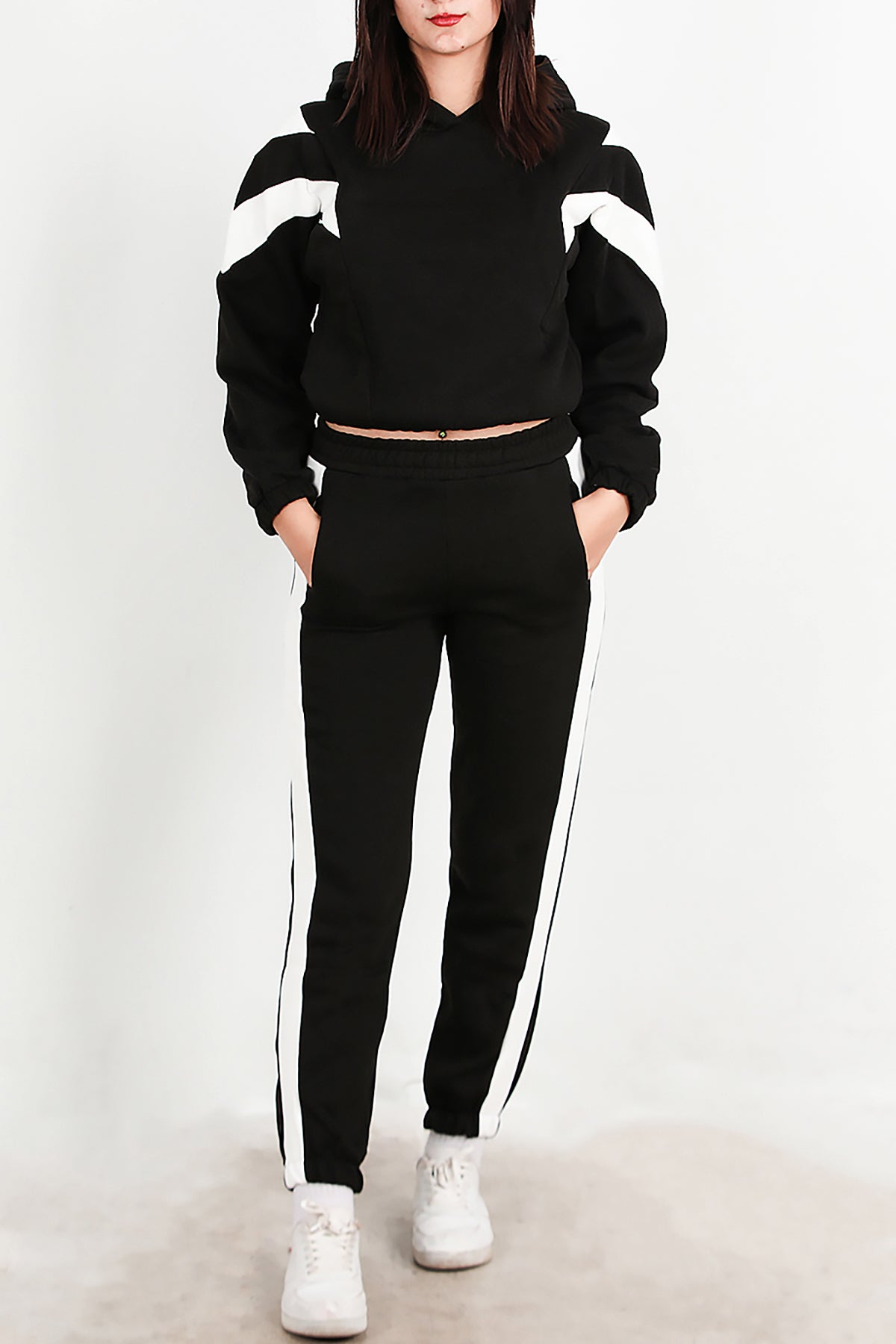 Kadın Şeritli Kapşonlu Eşofman Takımı Siyah