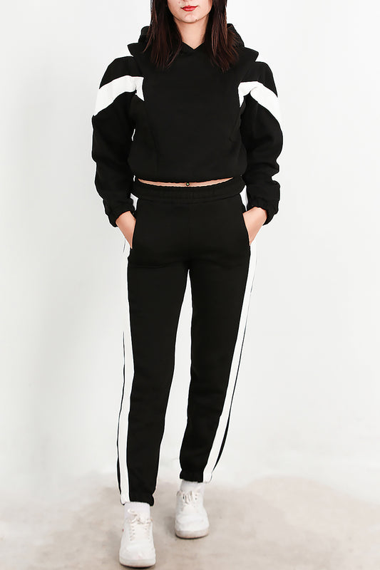 Kadın Şeritli Kapşonlu Eşofman Takımı Siyah
