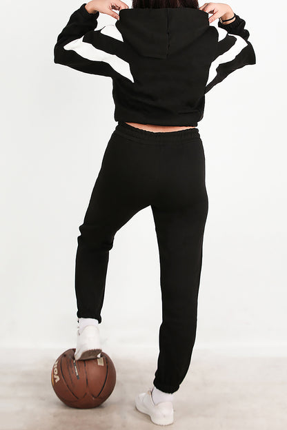 Kadın Şeritli Kapşonlu Eşofman Takımı Siyah