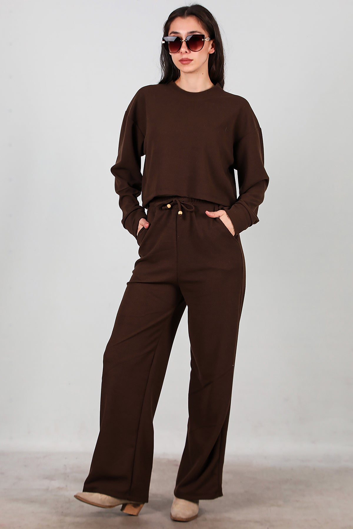 Kadın Fitilli Üst Kısa Takım Kahverengi