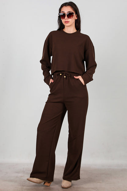 Kadın Fitilli Üst Kısa Takım Kahverengi