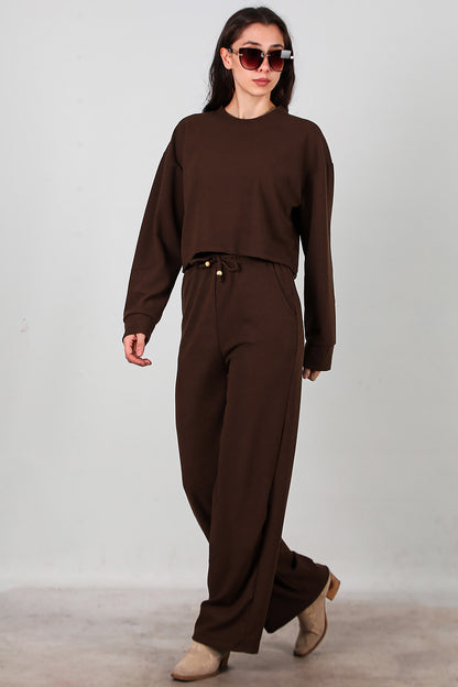 Kadın Fitilli Üst Kısa Takım Kahverengi