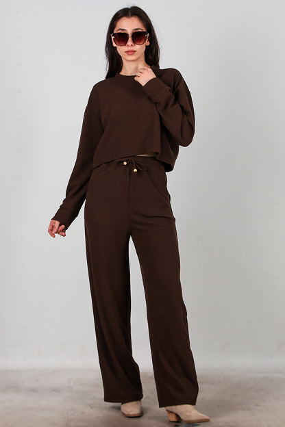 Kadın Fitilli Üst Kısa Takım Kahverengi
