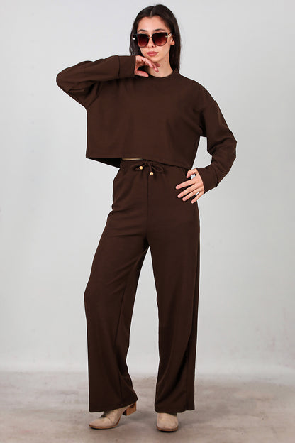 Kadın Fitilli Üst Kısa Takım Kahverengi