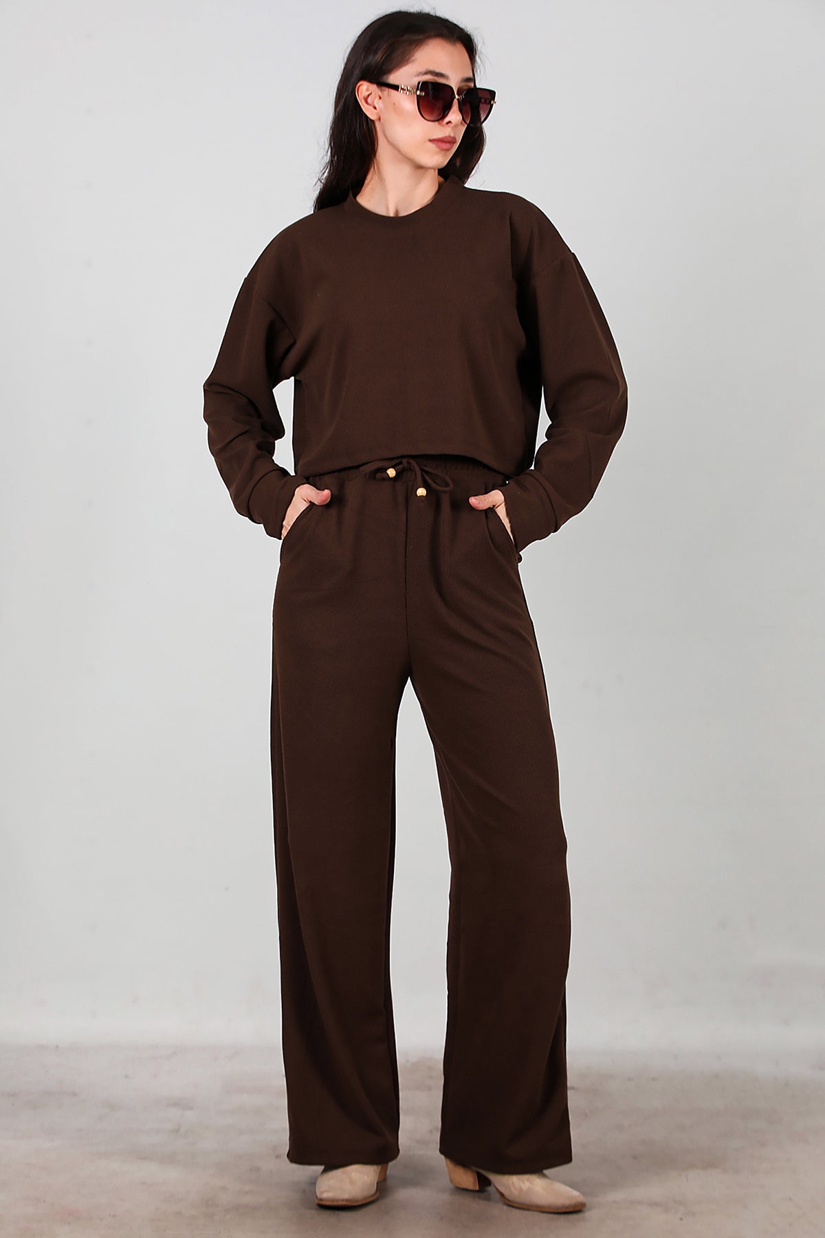 Kadın Fitilli Üst Kısa Takım Kahverengi