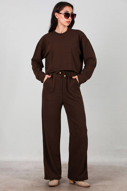 Kadın Fitilli Üst Kısa Takım Kahverengi