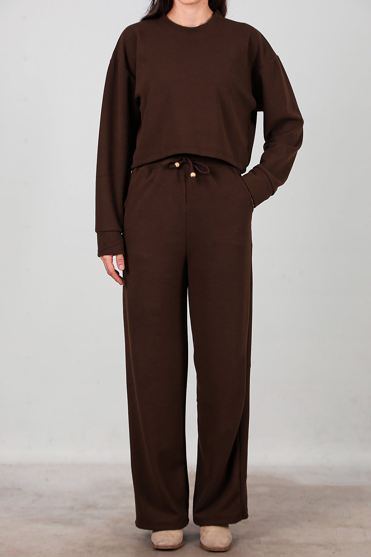 Kadın Fitilli Üst Kısa Takım Kahverengi