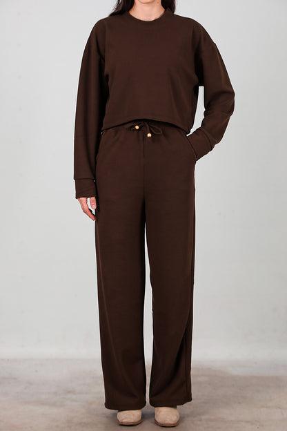 Kadın Fitilli Üst Kısa Takım Kahverengi