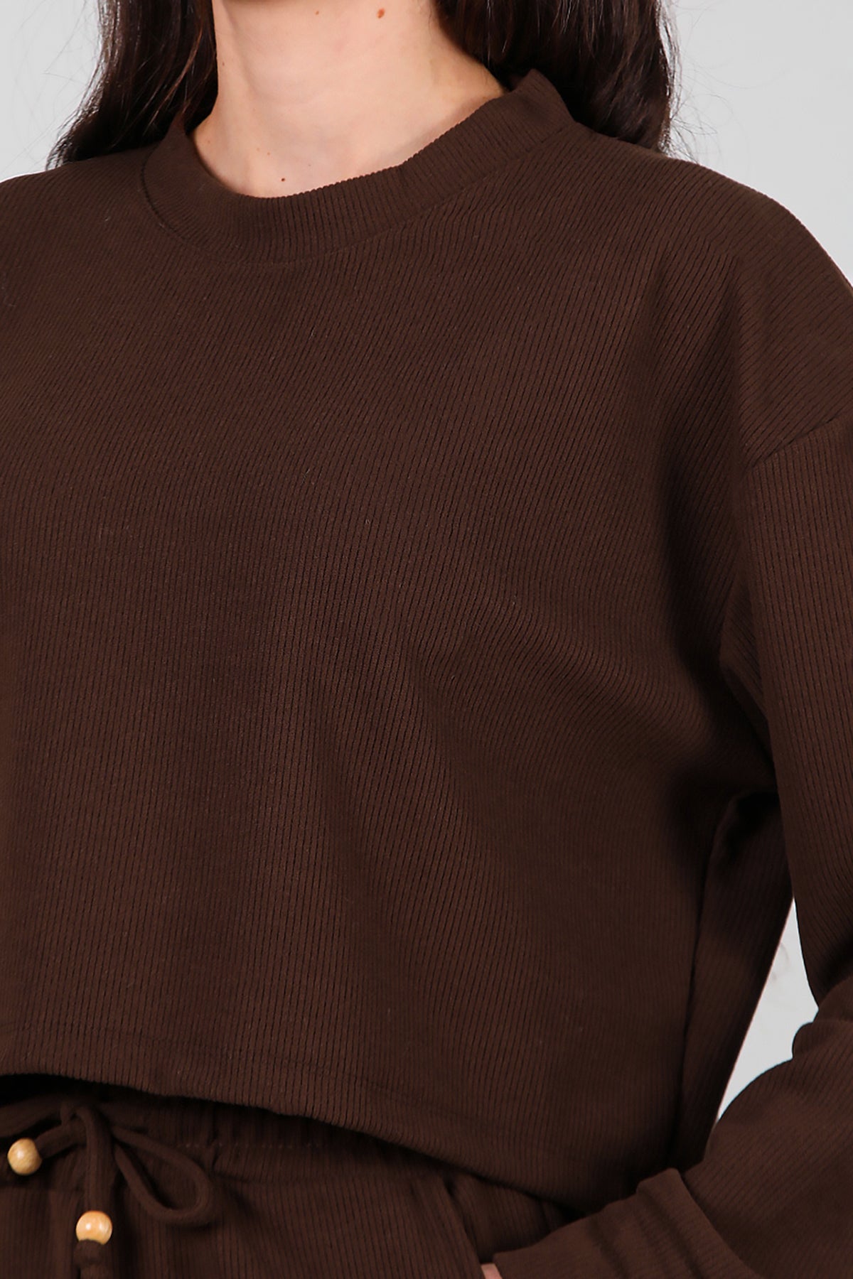 Kadın Fitilli Üst Kısa Takım Kahverengi