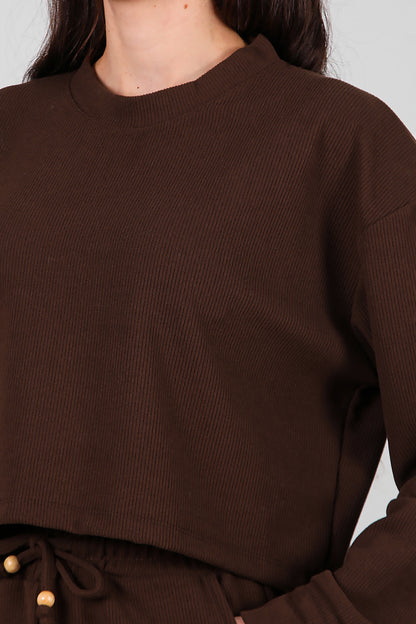 Kadın Fitilli Üst Kısa Takım Kahverengi