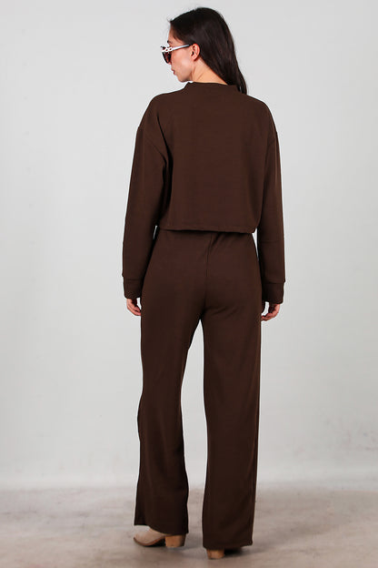 Kadın Fitilli Üst Kısa Takım Kahverengi