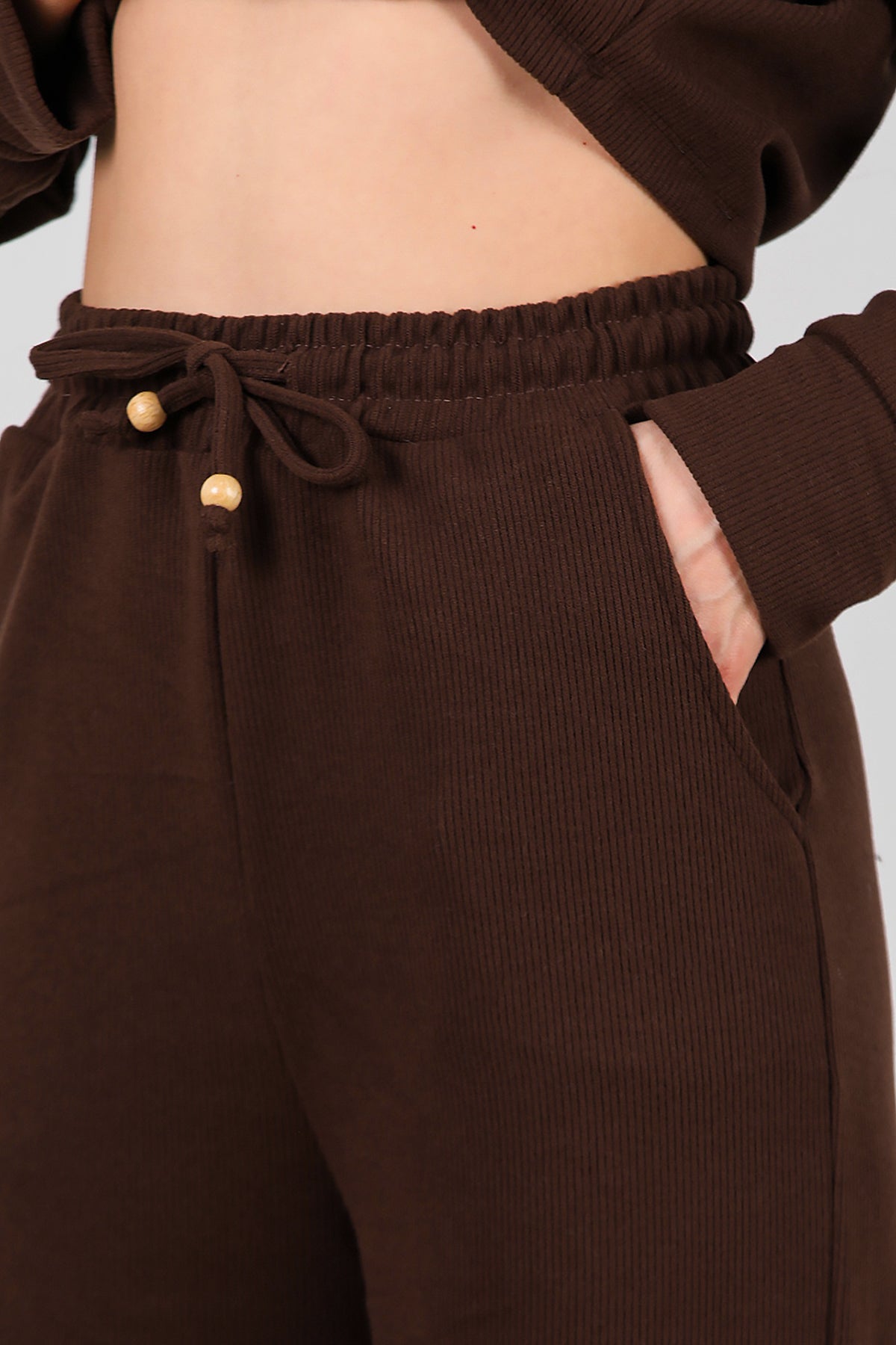 Kadın Fitilli Üst Kısa Takım Kahverengi