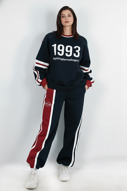 Kadın Şeritli Yazılı Bisiklet Yaka Eşofman Takımı Lacivert