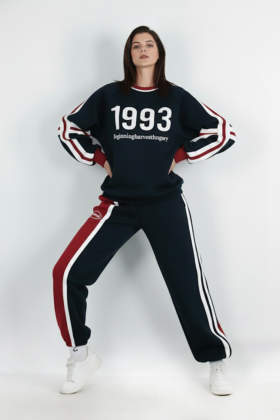 Kadın Şeritli Yazılı Bisiklet Yaka Eşofman Takımı Lacivert