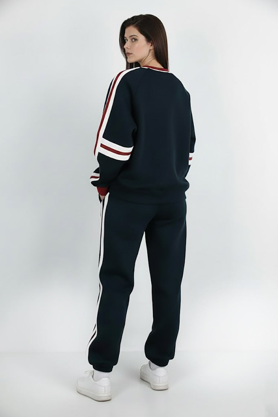 Kadın Şeritli Yazılı Bisiklet Yaka Eşofman Takımı Lacivert