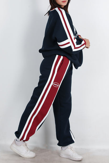 Kadın Şeritli Yazılı Bisiklet Yaka Eşofman Takımı Lacivert