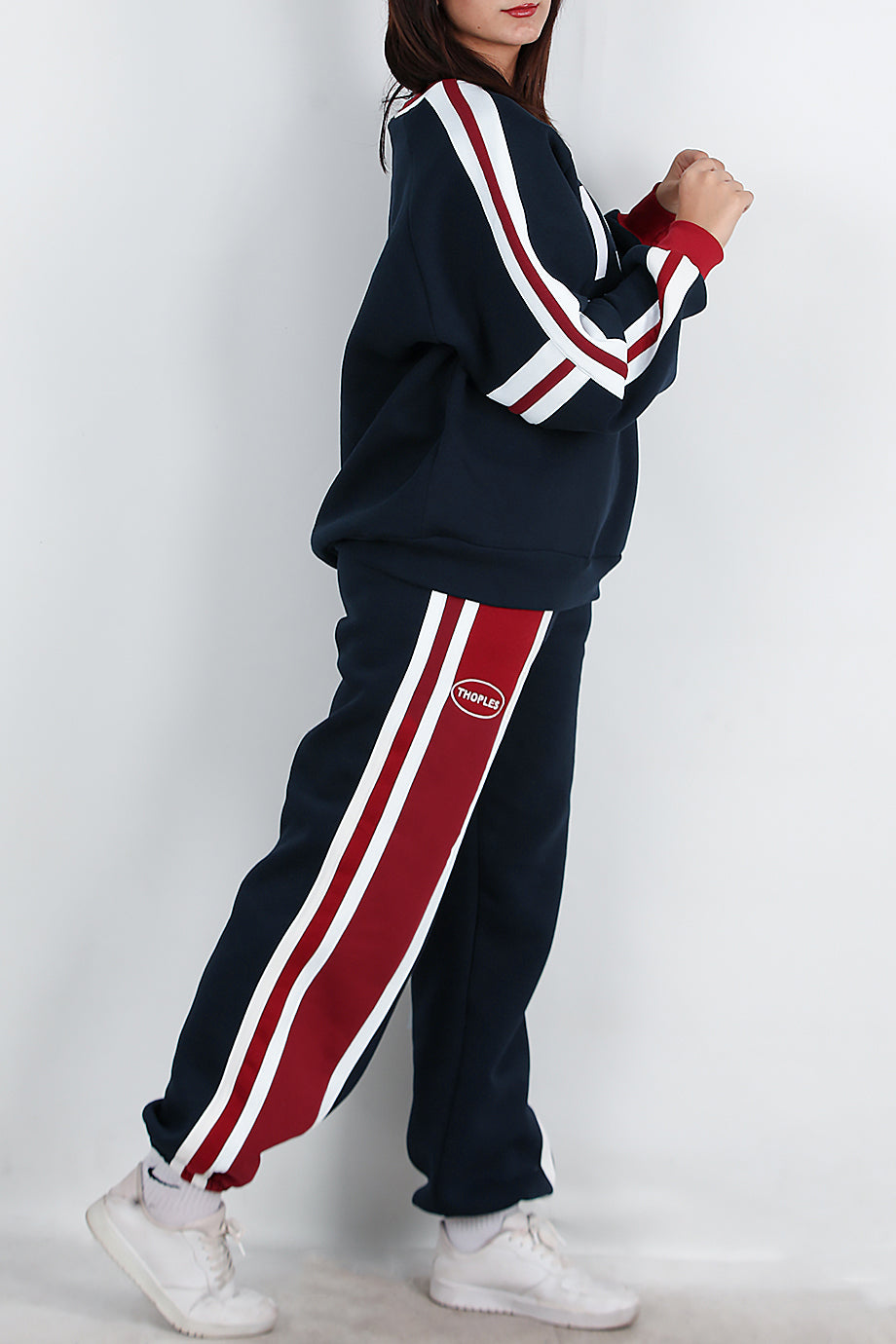 Kadın Şeritli Yazılı Bisiklet Yaka Eşofman Takımı Lacivert