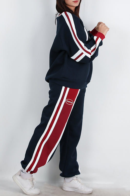 Kadın Şeritli Yazılı Bisiklet Yaka Eşofman Takımı Lacivert