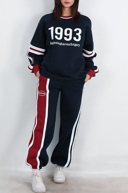 Kadın Şeritli Yazılı Bisiklet Yaka Eşofman Takımı Lacivert