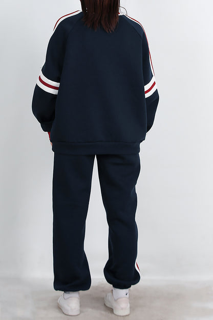 Kadın Şeritli Yazılı Bisiklet Yaka Eşofman Takımı Lacivert