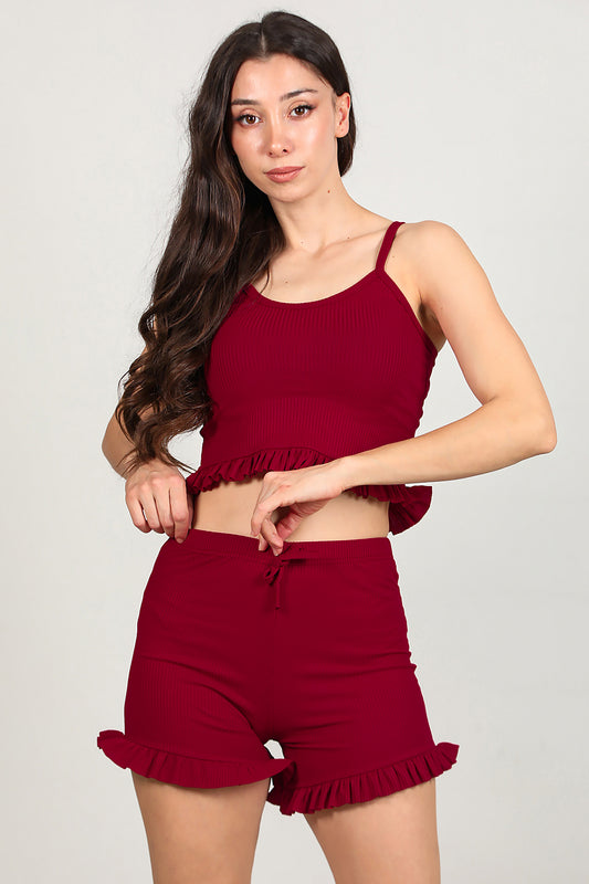 Kadın Fitilli Şortlu Takım Bordo