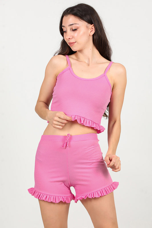 Kadın Fitilli Şortlu Takım Pembe