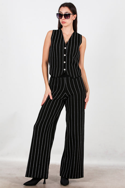 Kadın Çizgili Yelekli Triko Takım Siyah