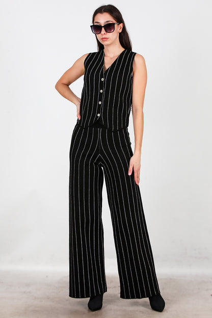 Kadın Çizgili Yelekli Triko Takım Siyah