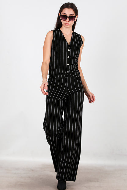 Kadın Çizgili Yelekli Triko Takım Siyah