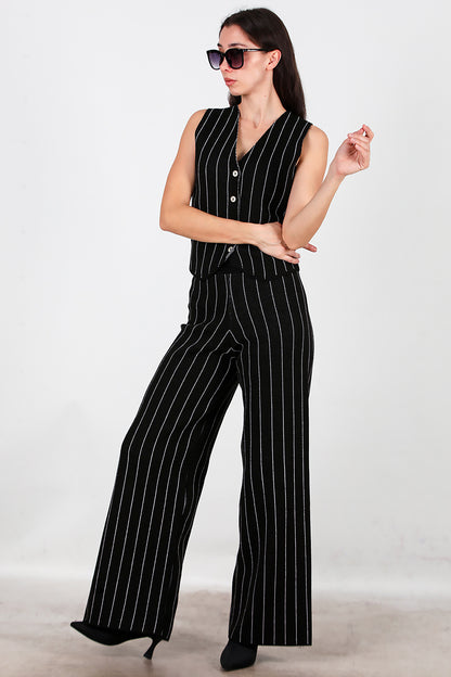 Kadın Çizgili Yelekli Triko Takım Siyah