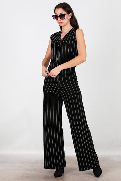 Kadın Çizgili Yelekli Triko Takım Siyah