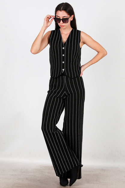 Kadın Çizgili Yelekli Triko Takım Siyah